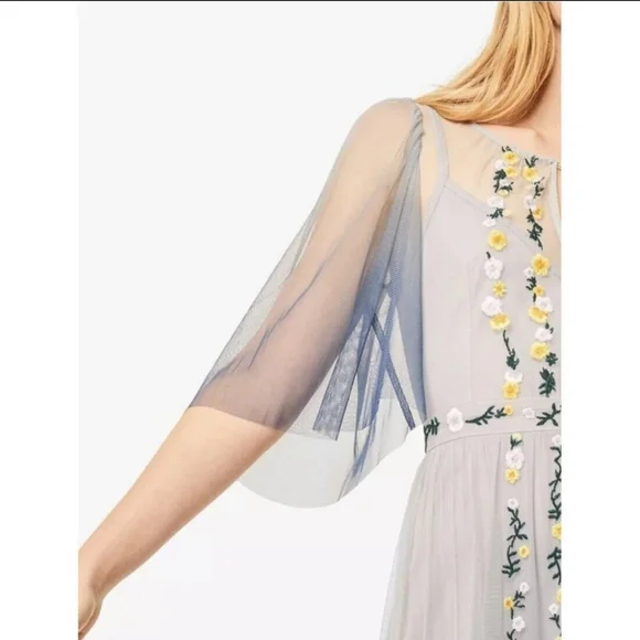 French Connection Blue Ombre Gauze Floral Embroidered Flutter Sleeve Maxi Dress - Picture 3 of 8